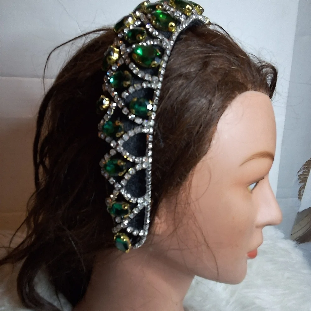 Set of 2 Jeweled Headbands Black Velvet Emerald Green Rhinestone Luxe Glam